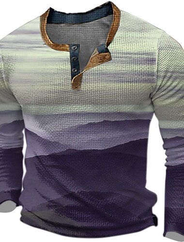  The Mountains Herren-Grafikhemd, Farbblock, Modedesigner, lässig, 3D-Druck, Henley, Waffel-T-Shirt, Sport, Outdoor, Urlaub, Festival, blau, lila, braun, lang
