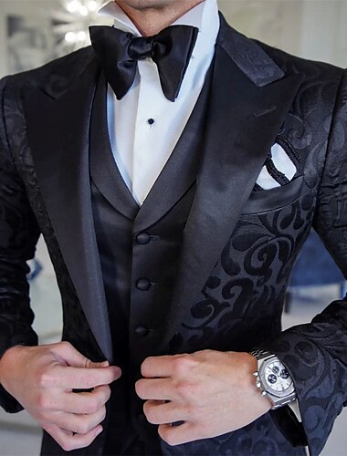  Herrars Bröllopsfest Tuxedos Fest Svart Floral Skräddarsydd Passform 3 Delar Enknäppd