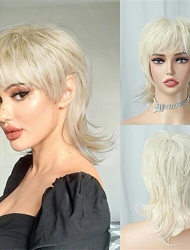  parrucca bionda corta parrucca shaggy a strati anni '80 mullet parrucca pixie cut con frangia riccia sintetica naturale capelli finti parrucche sostitutive per le donne festa quotidiana costume