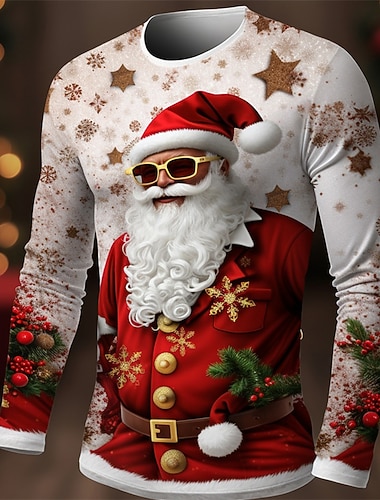  Święta Męskie Graficzny Święty Mikołaj Podkoszulek Długi rękaw Podkoszulek Druk 3D Półgolf Koszula Moda Designerskie Codzienny Sporty na świeżym powietrzu Święto Wyjściowe Czerwony Królewski błękit
