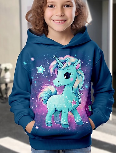  Girls' 3D Galaxy Unicorn Hoodie Pullover Long Sleeve 3D Print Fall Winter Active Fashion Cute Kids 3-12 Years Outdoor Casual Daily Regular Fit