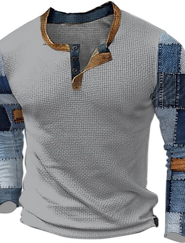  Herren Graphic Plaid Farbblock Henley Shirt Waffel-T-Shirt Langarm 3D-Druck Designer Brautkleider schlicht Vintage-Retro Sports Outdoor Festtage Festival Frühling & Herbst Schwarz Marineblau Khaki