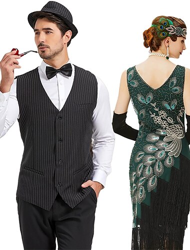  Retro Vintage Roaring 20s 1920s Flapper Dress Outfits Waistcoat The Great Gatsby Gentleman Wedding Guest Sequins Tassel Fringe Men's Women's New Year Masquerade Party Prom Wedding Reception Adults'