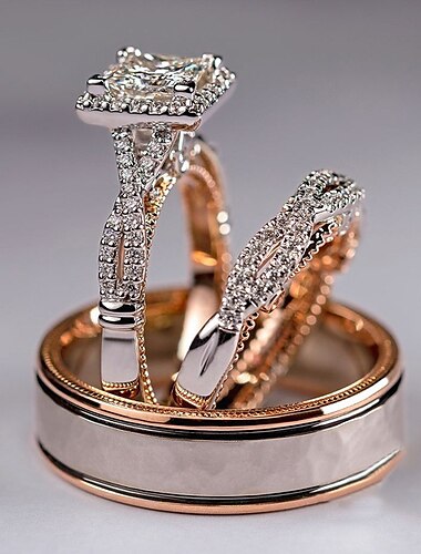  Homem Mulher Anéis de Casal Casamento Geométrico Dourado Cobre Strass Mini Vintage à moda Simples 3pçs