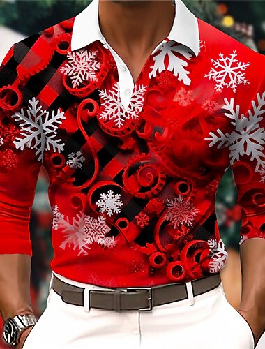  jul menns julescene 3d polo snøfnugg uformelt trykk 3d golf utendørs uformelt daglig streetwear polyester lange armer turndown skjorter hvitvin fall &amp; vinter s m l mikroelastisk lapel polo
