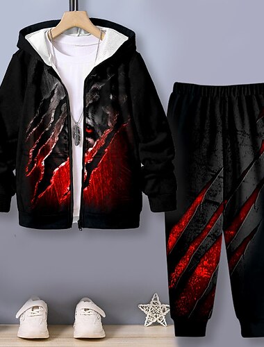  Garçon 3D tigre Ensemble sweat à capuche et pantalon de survêtement Set manche longue 3D effet Automne Hiver Actif Mode Frais Enfants 3-12 ans Extérieur Vacances Plein Air Standard