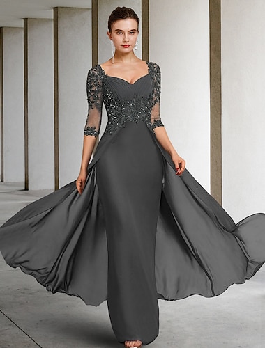  Sheath Moeder van de Bruid Jurk Formele Bruiloft Gast Elegante Party Vierkante Hals Vloerlengte Chiffon Kant 3/4 Lengte Mouw met Sequins Applicaties Ruching gratis maat op aanvraag