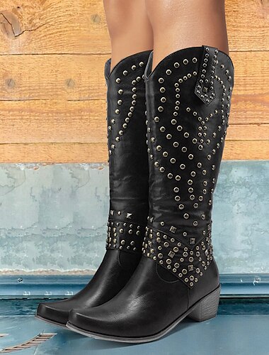  Botas femininas pretas de couro sintético com tachas e salto alto - calçados de moda estilo western para outono e inverno