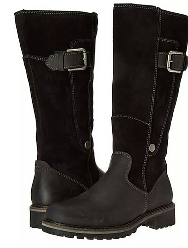  Kniehohe Stiefel aus braunem Leder und Wildleder für Damen mit wärmendem Fellfutter, verstellbarer Schnalle und strapazierfähiger rutschfester Sohle für den Winter im Freien