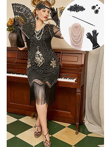  Retro Vintage Goldene Zwanziger 1920er Flapper Kleid Kleid Outfits Der große Gatsby Hochzeitsgast Pailletten Quastenfransen Übergröße Damen Weihnachten Halloween Karneval Halloween Party / Abend