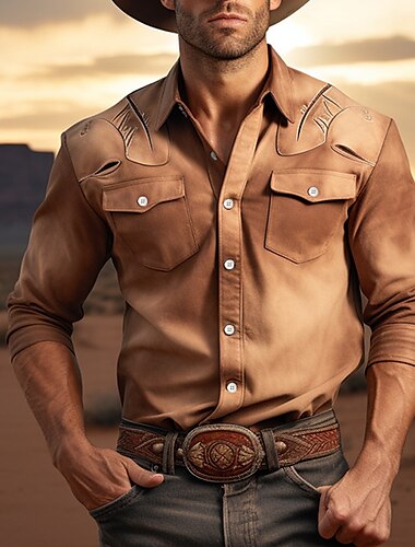  Homme Totem Chemise Chemise Western Chemise de cow-boy manche longue Décontractées style occidental Extérieur Plein Air Casual Quotidien Automne hiver Col rabattu Boutons Imprimer Marron