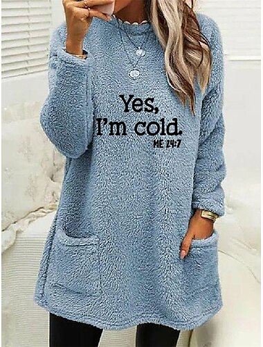  Mujer Forro Polar Lounge Top Pijama Esponjoso Fuzzy Azul Claro Letra Casual Confort Hogar Calle Cama Forro Polar Cálido Transpirable Cuello Redondo Manga Larga Jersey Pantalón Bolsillo Otoño Invierno