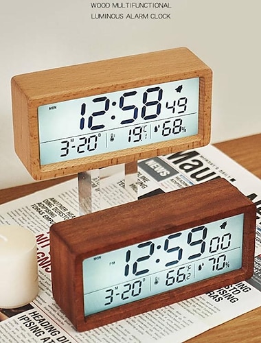  Creative Wood Clock Digital Temperature and Humidity Clock Nightlight Bedhead Clock LCD Large Screen Wood Alarm Clock with Snooze Function