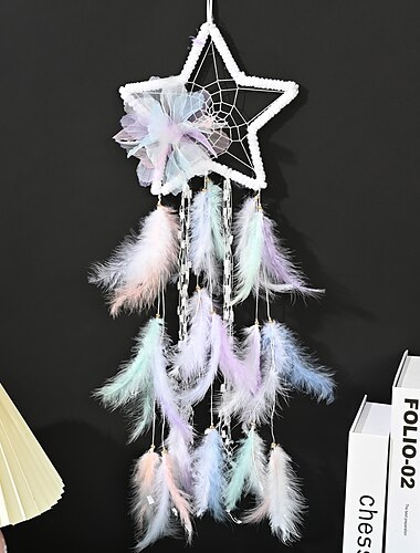  1 Stück Traumfänger, handgefertigtes Geschenk, Federhaken, Sternmuster, Windspiel mit einem Kreis, Ornament, Wandbehang, Dekor, Kunst, Boho-Stil, ohne Licht