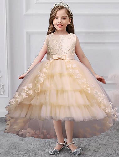  kinderkleidung Mädchen Blumenmädchen Kleid Kleid Einfarbig Ärmellos Leistung Hochzeit Party Gitter Schleife Prinzessin Süß Baumwolle Tüll Asymmetrisch A Linie Kleid Sommer Frühling 3-12 Jahre Wei