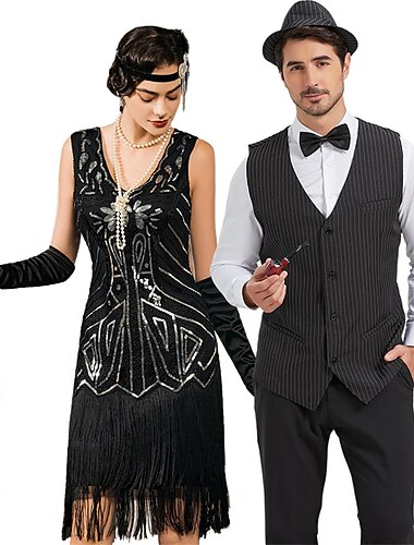 Retro Antiguo Rugido 20s 1920s Vestido Flapper Accesorios Chaleco El gran Gatsby Caballero Lentejuelas Borlas Disfraz Hombre Mujer Año Nuevo Mascarada Fiesta Fiesta de baile Adulto Disfraz Vestidos