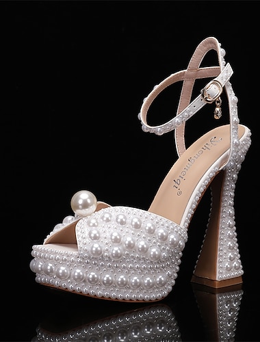  γαμήλια παπούτσια για γυναικεία παράνυμφος peep toe λευκές σατέν λούμπες με απομίμηση μαργαριταριού στιλέτο με ψηλοτάκουνο λουράκι στον αστράγαλο γαμήλιο πάρτι κομψό κλασικό ημέρα του Αγίου Βαλεντίνου