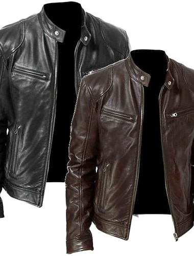  Voor heren Jas van imitatieleer Overgangsjack Bikerjack Motorjas Dagelijks Thermisch Warm Regenbestendig Herfst winter Effen Opstaand Normaal Normale pasvorm Zilver Zwart Wit Geel Wijn Jacks