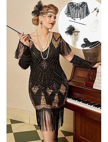  Retro Vintage Goldene Zwanziger 1920er Flapper Kleid Kleid Outfits Der große Gatsby Hochzeitsgast Pailletten Quastenfransen Übergröße Damen Weihnachten Halloween Karneval Halloween Party / Abend