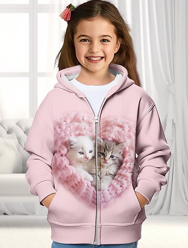  女の子 3D 猫 パーカー コート アウター 長袖 3Dプリント 秋 冬 活発的 ファッション かわいいスタイル 子供 3〜12年 アウトドア カジュアル 日常 レギュラー