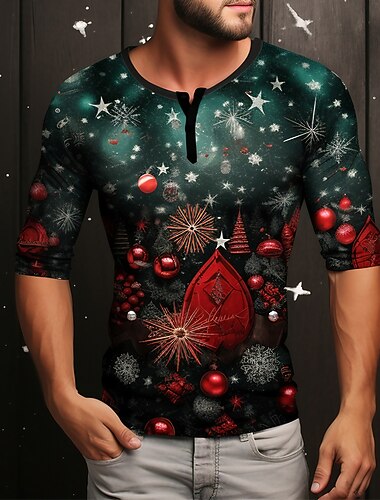  Vánoce Pánské Grafika Vánoční vzor Tričko Tričko Henley Dlouhý rukáv tričko 3D tisk Henley Košile Módní Denní Na běžné nošení Ležérní Dovolená Jdeme ven Tmavě zelená Jaro & podzim Oblečení S M L XL