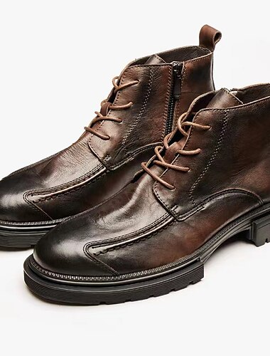  Botines vintage de cuero marrón para hombre con diseño de cordones, cierre de cremallera y suela antideslizante resistente para uso casual y al aire libre