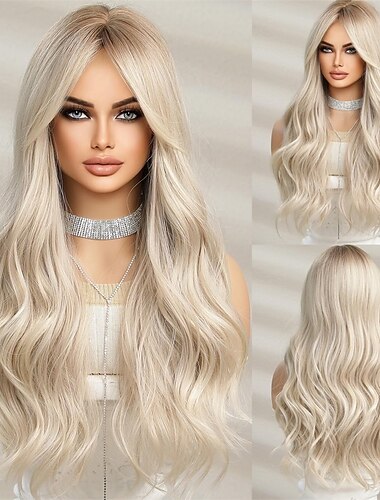  Lange Ombre-Perücke, weiß, blond, gewellt, für Damen, natürliche synthetische lockige Perücke, hitzebeständige Faserperücken für tägliche Cosplay-Weihnachtsparty-Perücken