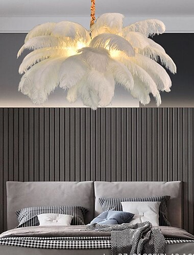  Lampadario A Sospensione A Led Splendido Lampadario A Sospensione Con Bouquet Di Piume Di Struzzo Bianche Extra Large, Lampadario A Sospensione Romantico Per La Camera Da Letto Del Ristorante