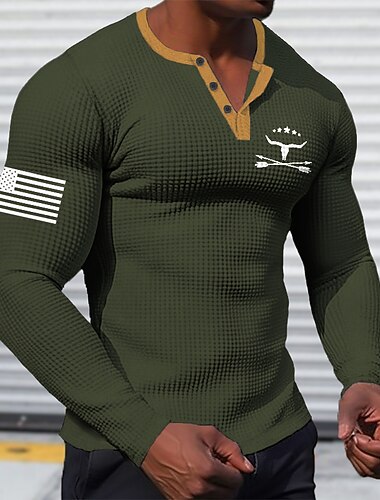  Voor heren Grafisch Cowboy Henley-shirt Wafel T-shirt Lange mouw 3D-afdrukken Modieus Ontwerper Eenvoudig Buitensporten Feestdagen Festival Lente & Herfst Zwart Wit Bruin Groen Henley Henley-T-shirt