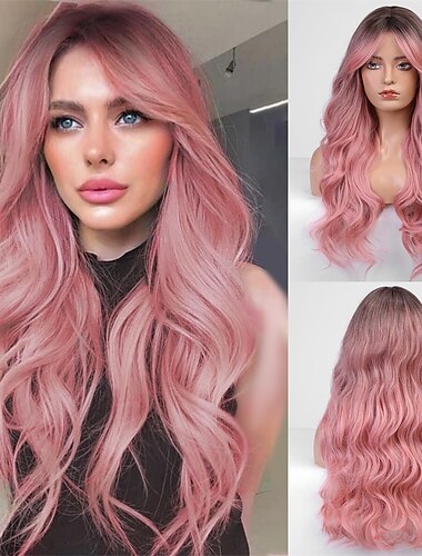  peruca longa rosa ondulada para mulheres peruca rosa ombre raiz escura 26 polegadas com franja peruca encaracolada ondulada peruca de fibra sintética resistente ao calor de aparência natural para uso