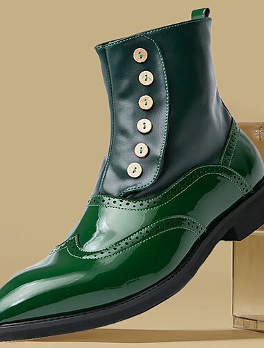  bottes boutonnées en cuir vert vintage pour hommes - bottines brogue élégantes à bout d'aile avec finition en cuir verni
