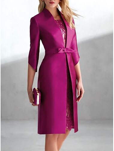  Twee Delige Moeder van de Bruid Jurk Trouw Gasten Elegant Petite Scoop Neck Knie Lengte Satijn Kant 3/4 Lengte Mouw met Strik(ken) Ruching Effen Kleur Derby Jurk Race Dag Jurk 2025