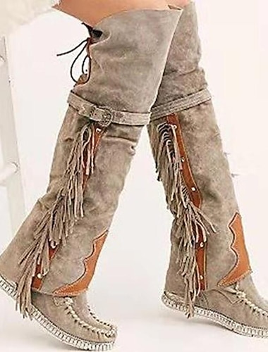  Damen Stiefel Cowboy Westernstiefel Wildlederschuhe Übergrössen Outdoor Täglich Feste Farbe Stiefel über Knie Oberschenkelhohe Stiefel Quaste Keilabsatz Versteckte Ferse Runde Zehe Elegant Böhmen