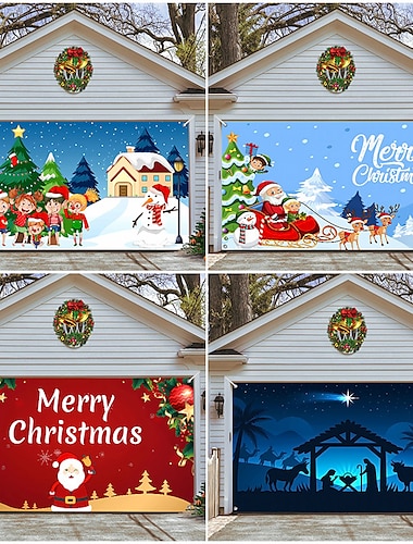  クリスマスガレージドアバナー、屋内屋外クリスマス休暇、幸せな背景、装飾カバー、クリスマス新年あけましておめでとうございますバナー、大型ドアカバー、クリスマス装飾