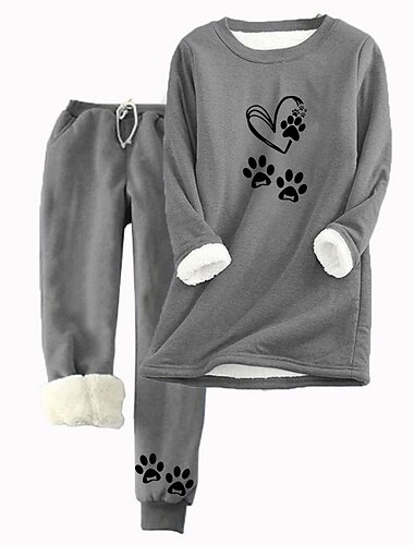  Wohnungs 2 Teile Warme Tägliche Trainingsanzug Hosen Sets Sweatshirt Jogger Hosen Lange Ärmel Rundhals Katze Buchstaben Kordelzug Druck Lässig Täglich Pink Hellgrau Grau Herbst  Winter Regulär