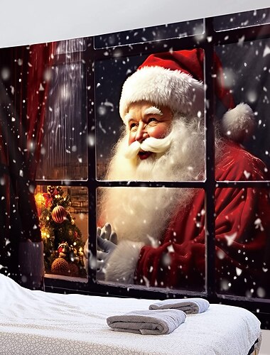  クリスマスの飾り サンタクロース 吊り下げタペストリー 壁アート クリスマス 大きなタペストリー 壁画 装飾 写真 背景 ブランケット カーテン 家 寝室 リビングルーム 装飾 窓 雪景色