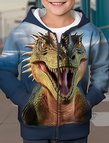  Gutt 3D Dinosaur Hattetrøje Jakke Ytterklær Langermet 3D-utskrift Høst Vinter Mote Gatemote Kul Polyester Barn 3-12 år utendørs Avslappet Daglig Normal