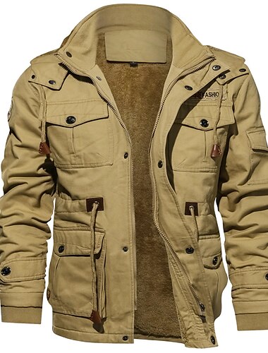  Herren Winterjacke Wintermantel Jacke Outdoor Strasse Windundurchlässig warm halten Kordelzug Winter Einfarbig Modisch warm halten Ständer Standard Baumwolle Vlies Schwarz Armeegrün Khaki Jacken