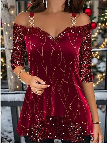 Damenhemd T-Shirt Bluse Hemd Samt Festival/Urlaub gestreift glitzernde Pailletten Druck kalte Schulter Langarm normale Oberteile V-Ausschnitt Party Wochenende Wein Gold Frühling&  fallen   Damenhemd T-Shirt Bluse Hemd Samt Festival/Urlaub gestreift glitzernde Pailletten Druck kalte Schulter Langarm normale Oberteile V-Ausschnitt Party Wochenende Wein Gold Frühling&  fallen