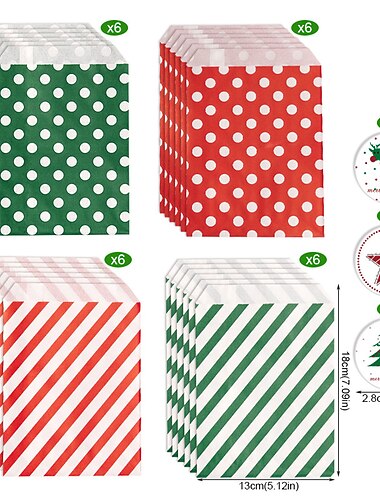  24db, karácsonyi cukorka zacskók, piros és zöld hullámos twill nátronpapír zacskók, karácsonyi parti ajándéktáskák, matricakészlettel, navidad, karácsonyi díszek, kisvállalkozási kellékek, legolcsóbb