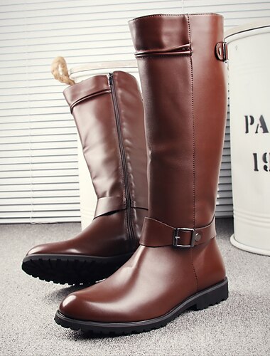  Botas de montar marrones hasta la rodilla para hombre: piel sintética con detalle de hebilla y cierre de cremallera para un estilo informal y ecuestre