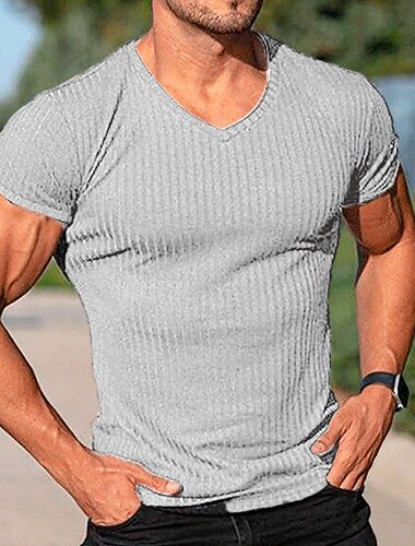  Herr T-shirt Muskelskjorta Ribbstickad t-shirt Kort ärm V-hals Sommar Slät Mode Streetwear Häftig Utomhus Sport Utekväll Svart Vit Rubinrött Topp t-shirt för män