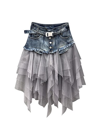  Dames Rok A-lijn Basic Lange Lengte Carnaval Kostuums Dames Asymmetrisch Rokken Kleurenblok Effen Geplooid Tule Vakantie Alledaagse kleding Zwart Licht Blauw Zomer Denim