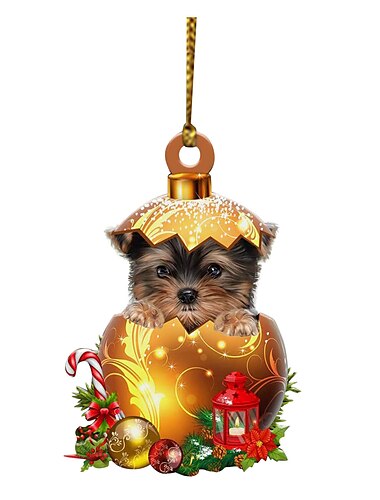  Weihnachtsschmuck mit Hund, Weihnachtsbaumschmuck aus Acryl mit 2D-Flachdruck und Auto-Rückspiegel-Zubehör für Hundeliebhaber