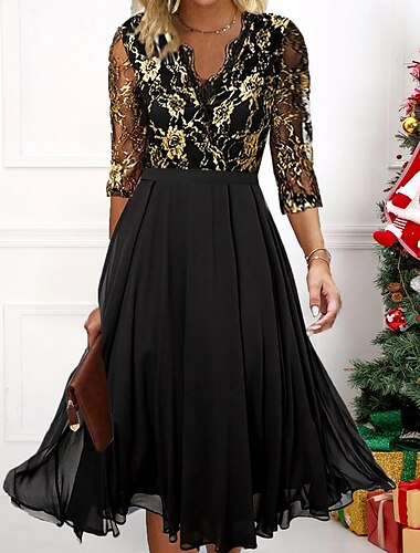  Dames Zwarte jurk Kanten jurk Feestjurk Chiffon Kant Lapwerk V-hals 3/4 mouw Halflange jurk Formeel Vakantie Zwart Lente Winter