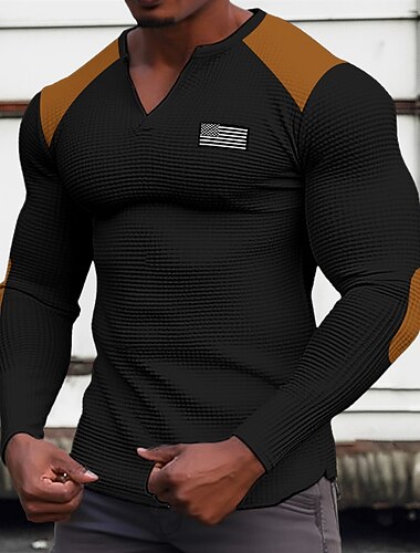  Herren T Shirt Henley Hemd Waffelstrick T-Shirt T-Shirt Langarm V Ausschnitt Frühling & Herbst Farbblock Mode Designer Basic Patchwork Urlaub Straße Ausgehen Schwarz Weiß Khaki Top T-Shirt für Herren