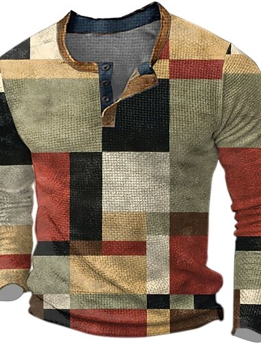  Муж. Графика В клетку Контрастных цветов Рубашка Хенли Вафельная футболка Длинный рукав 3D печать Мода Оригинальный рисунок На каждый день Для спорта и активного отдыха Праздники фестиваль