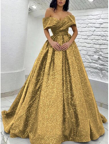  A-Linie Bodenlange Schleppe Abiballkleider Abendkleid Ballkleid Festliche Kleidung Elegant Glitzernd Kurzarm Schulterfrei Schwarze-Krawatte-Gala Paillettenbesetzt mit Glitzer Falten 2025