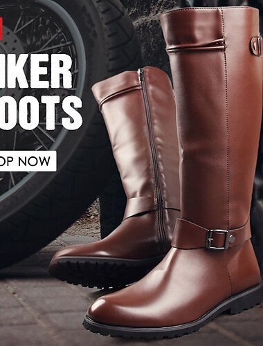  bottes d'équitation marron pour hommes jusqu'aux genoux - similicuir avec détail de boucle et fermeture à glissière pour un style décontracté et équestre