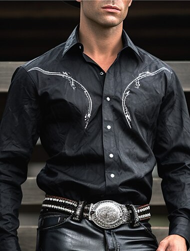  Hombre Cowboy Camisa camisa occidental Camisa vaquera Manga Larga estilo occidental Exterior Calle Casual Diario Otoño invierno Cuello Vuelto Botones Estampado Negro Marrón